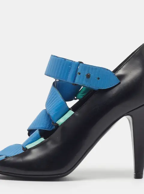 Balenciaga Size 39 Black/Blue Leather Peep Toe  Thick Strap Pumps