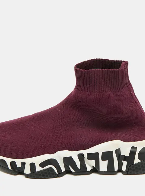 Balenciaga Speed Trainer Size 37 Burgundy Knit Fabric Graffiti Sole Slip On Sneakers