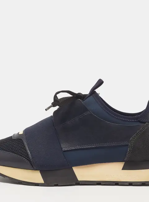 Balenciaga Race Runner Size 37 Navy Blue Leather and Mesh Low Top Sneakers