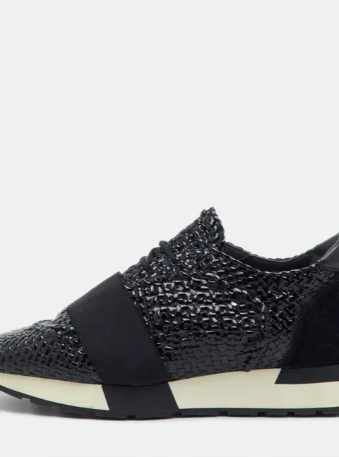 Balenciaga Race Runner Size 39 Black Woven Patent Leather, Stretch Band and Suede Low Top Sneakers