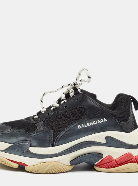Balenciaga Triple S Size 40 Black Mesh and Nubuck Leather Lace Up Sneakers