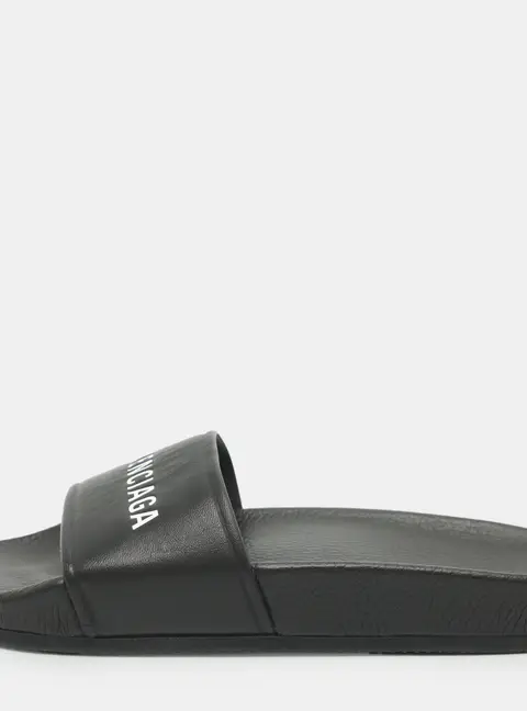 Balenciaga Logo Size 36 Black Leather Flat Slides