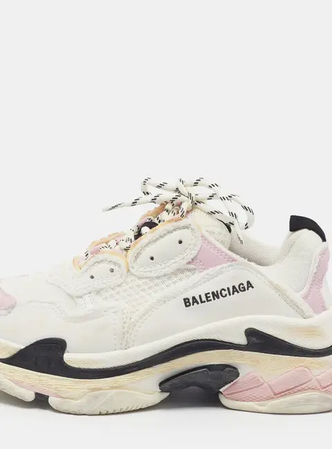 Balenciaga Triple S Distressed Size 40 White/Pink Faux Leather and Mesh Low Top Sneakers