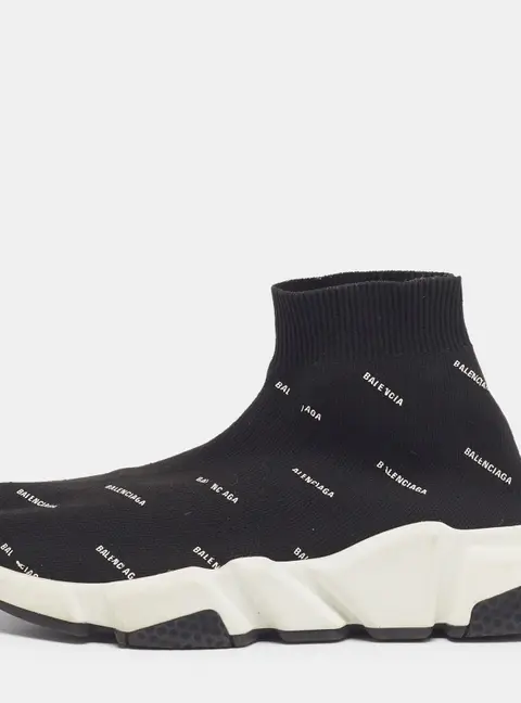 Balenciaga Black/White Knit Fabric Allover Logo Speed Trainer Sneakers Size 37