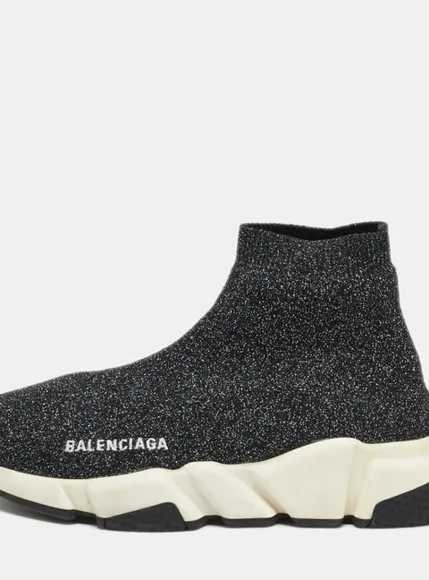 Balenciaga Speed Trainer Size 37 Black/Silver Knit Fabric High Top Sneakers