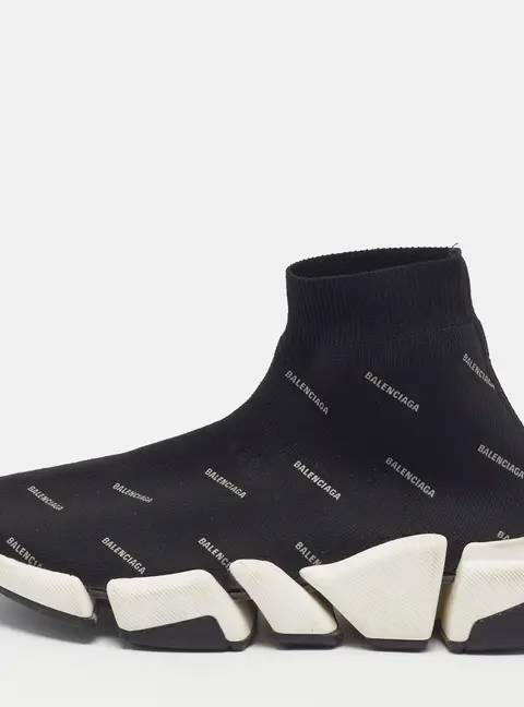Balenciaga Speed Trainer Size 38 Black Knit Fabric Allover Logo High Top Sneakers