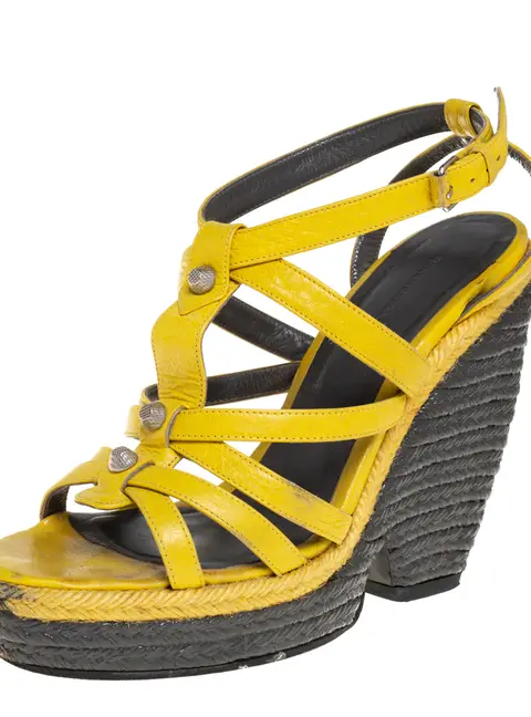 Balenciaga Yellow Leather Wedge Ankle Strap Sandals Size 38