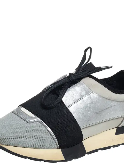 Balenciaga Grey/Silver Leather And Knit Fabric Race Runner Sneakers Size 38