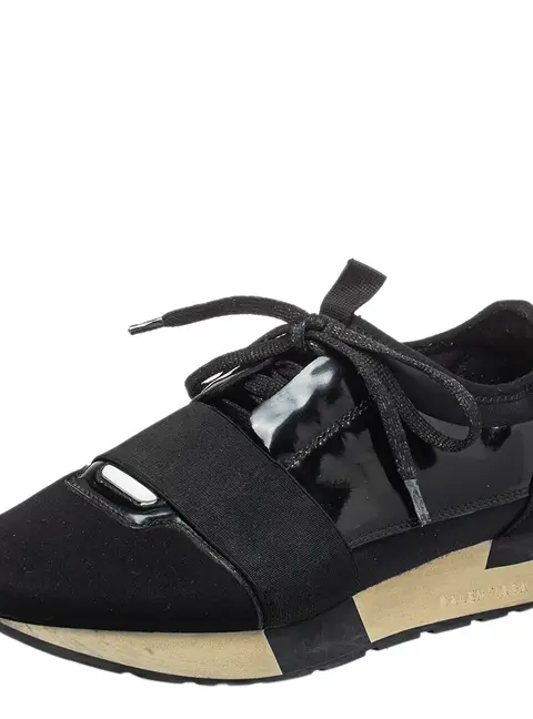 Balenciaga Black Patent Leather And Neoprene Race Runner Low Top Sneakers Size 38