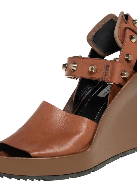 Balenciaga Brown Leather Wedge Ankle Strap Sandals Size 38.5
