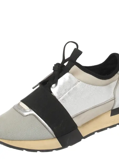 Balenciaga Silver/Black Leather And Fabric Race Runner Sneakers Size 40