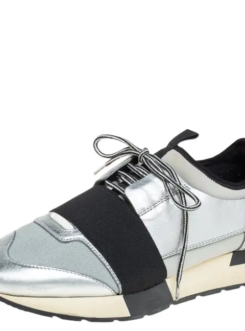 Balenciaga Race Runner Size 38 Silver Knit Fabric, Leather and Neoprene Low Top Sneakers