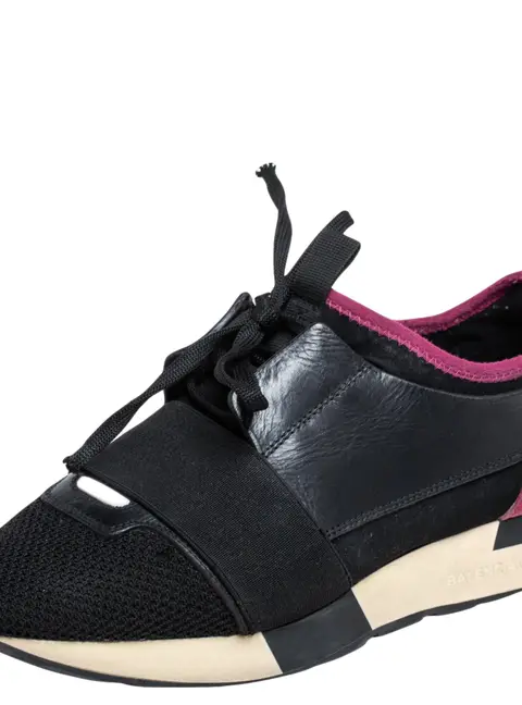 Balenciaga Black/Pink Leather And Mesh Race Runner Sneakers Size 38