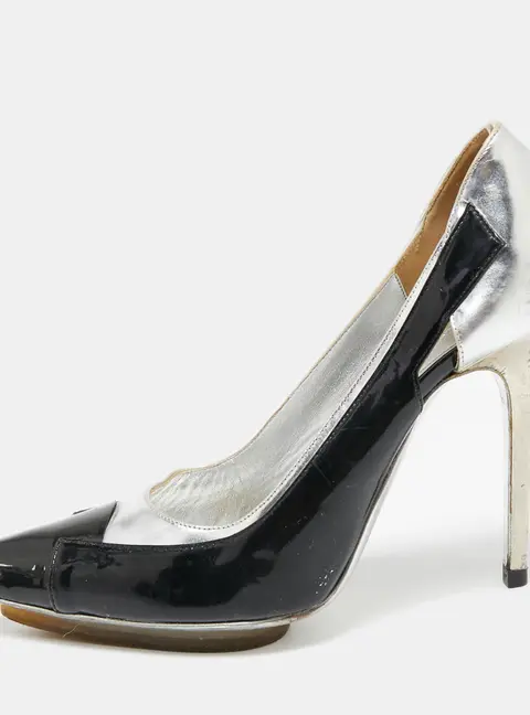 Balenciaga Silver/Black Patent And Leather Pointed Toe Pumps Size 38.5