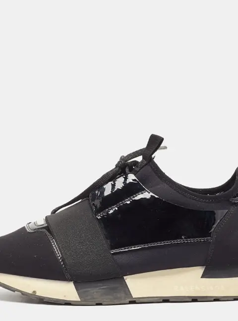 Balenciaga Black Patent Leather and Fabric Race Runner Low Top Sneakers Size 38