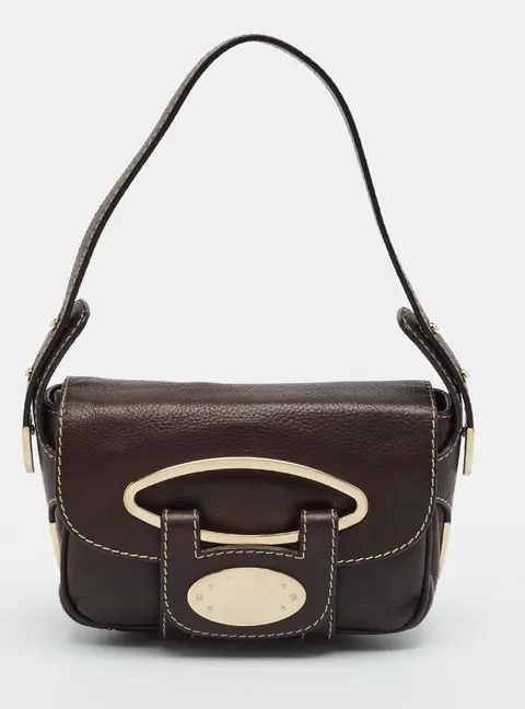 Bally Logo Plague Flap Dark Brown Leather Shoulder Bag