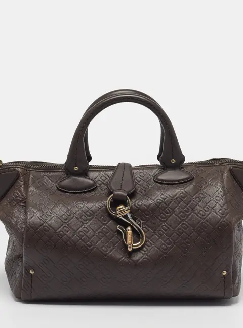 Bally Clasp Dark Brown Monogram Embossed Leather Satchel