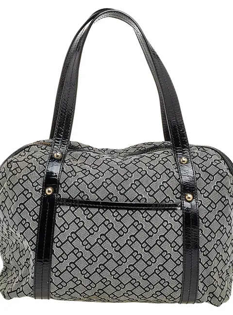 Bally Grey /Black Patent Leather And Canvas Satchel