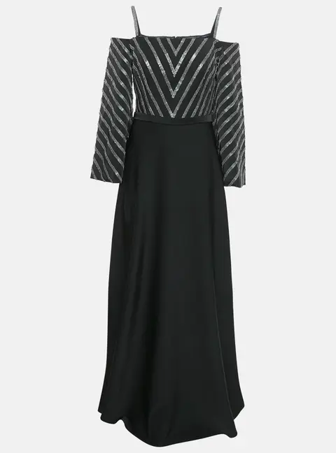 Basix Black Embellished Crepe Cold-Shoulder Gown M