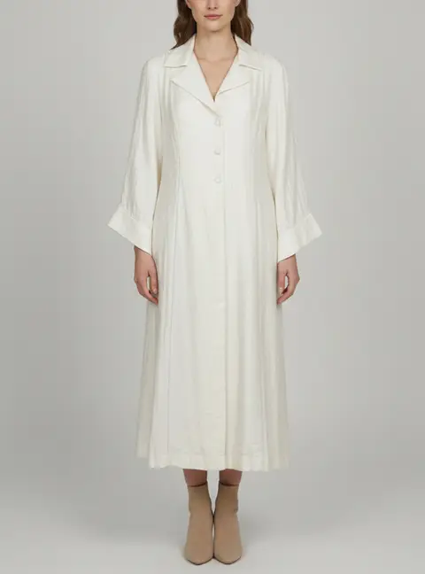 Baruni Cream Textured Silk Blend Button Front Maxi Shirt Dress L