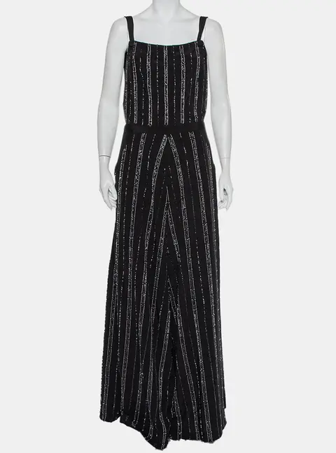 Bazza Alzouman Black Silk Sequin Embellished Open Back Wide Leg Jumpsuit L
