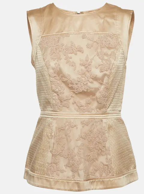 BCBGMAXAZRIA Beige Satin Sleeveless Peplum Top S