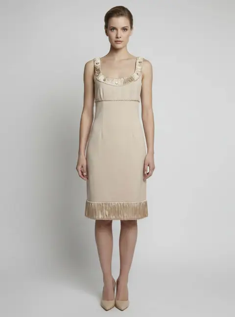 Blumarine Beige Wool Blend Satin Trim Crystal Embellished Dress S
