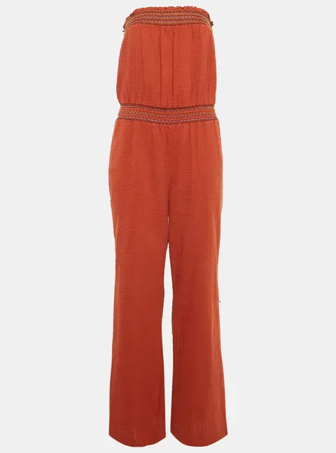 Boss Orange By Hugo Boss Burnt Orange Seersucker Strapless Jumpsuit S