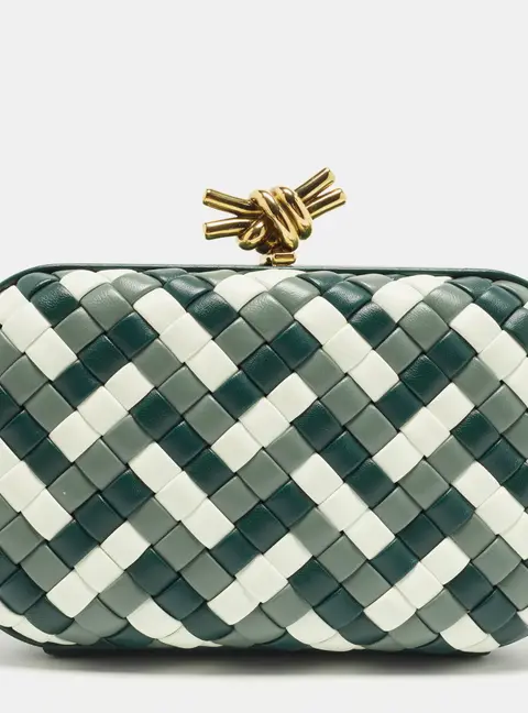 Bottega Veneta Knot Green/White Intrecciato Leather Clutch