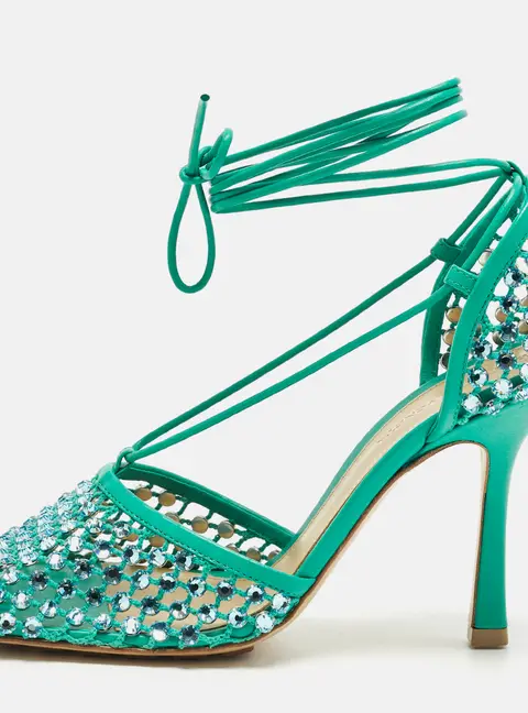 Bottega Veneta Stretch Size 38 Green Leather and Mesh Crystal Embellished Ankle Wrap Pumps