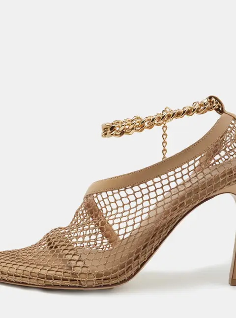 Bottega Veneta Tan Mesh and Leather Ankle Chain D'orsay Pumps Size 40