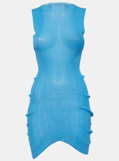 Bottega Veneta Blue Rib Knit Semi Sheer Dress S