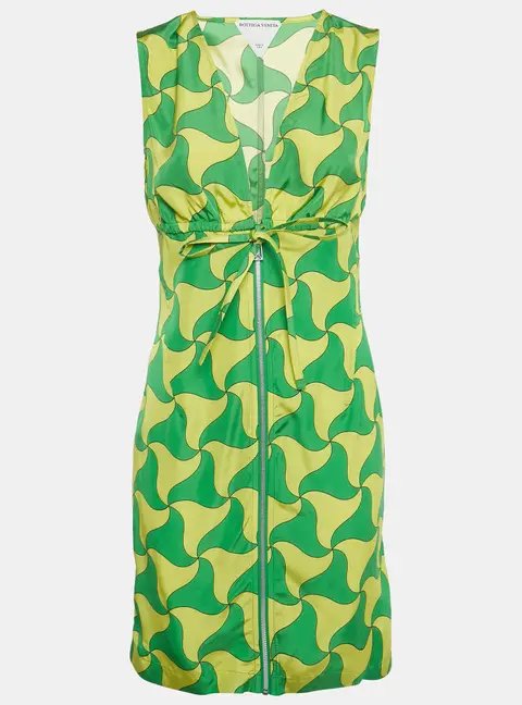 Bottega Veneta Green/Yellow Wavy Triangle Print Parachute Silk Mini Dress S