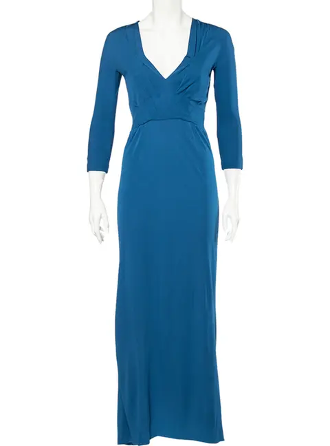 Bottega Veneta Blue Crepe V-Neck Long Sleeve Maxi Dress S