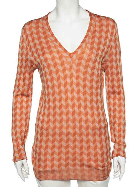 Bottega Veneta Orange Chevron Knit V-Neck Long Sleeve Sweater M