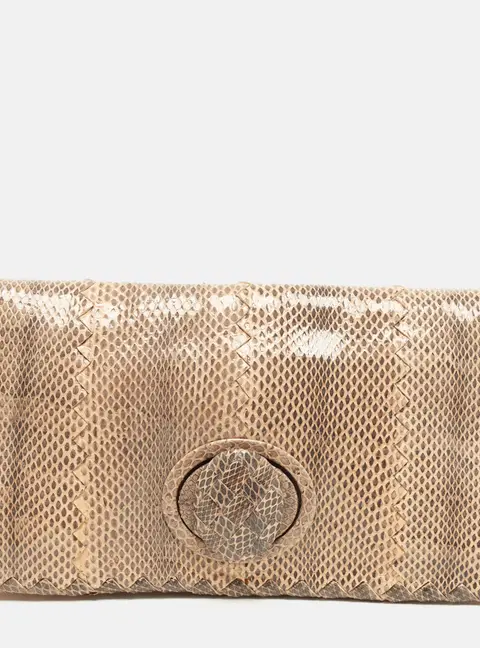 Bottega Veneta Turnlock Flap Beige/Black Watersnake Clutch
