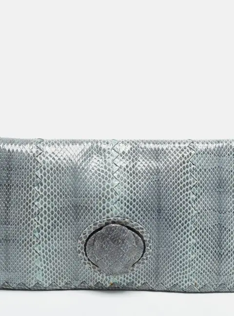 Bottega Veneta Turnlock Flap Light Blue/Black Watersnake Clutch