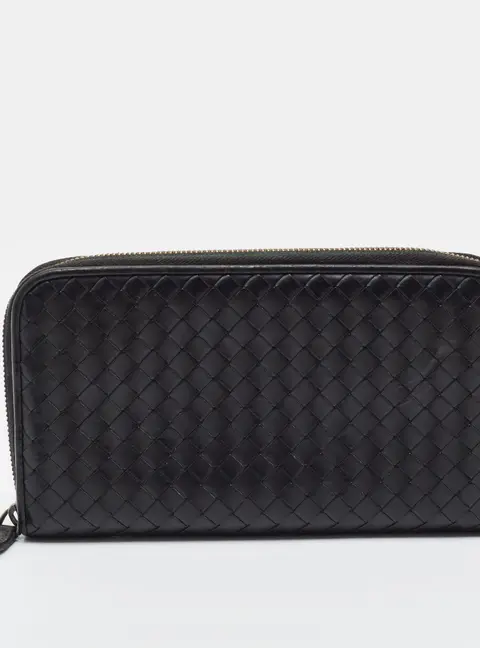 Bottega Veneta Zip Black Intrecciato Leather Continental Wallet