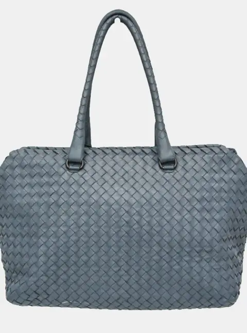 Bottega Veneta Intrecciato Medium Light Blue Gray Lambskin Leather Boston Bag