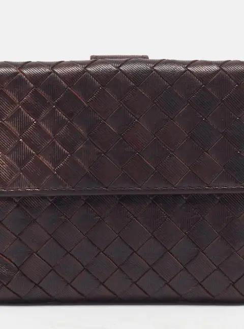 Bottega Veneta Dark Brown Intrecciato Leather French Wallet
