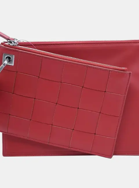 Bottega Veneta Double Pouch Small Red Smooth Maxi Intrecciato Leather Clutch Bag