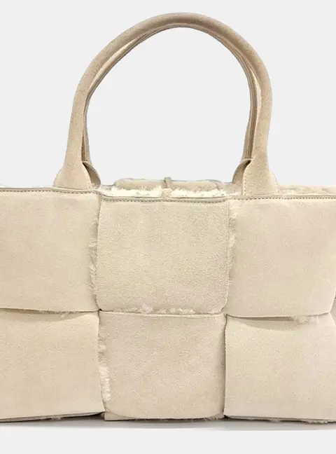 Bottega Veneta Small Arco Beige Suede Shearling Tote Bag