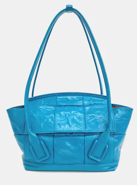 Bottega Veneta Arco Small Blue Crinkled Leather Top Handle Bag