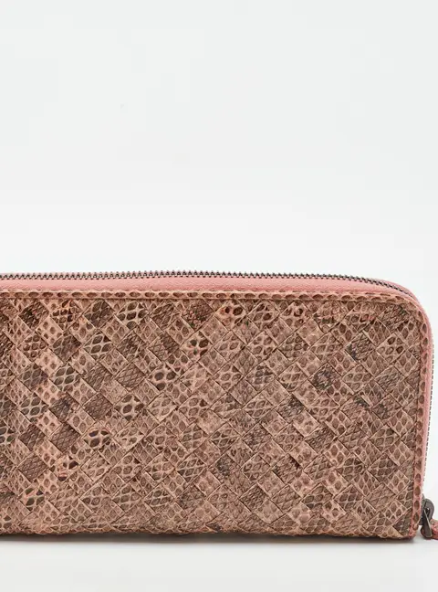 Bottega Veneta Peach/Brown Intrecciato Karung Leather Zip Continental Wallet