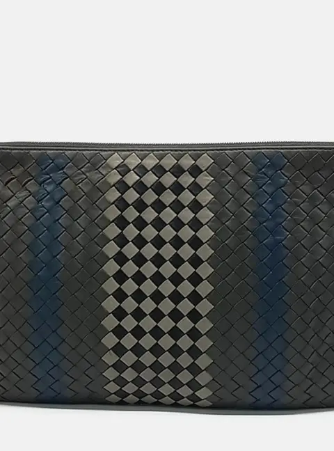 Bottega Veneta Tricolor Nappa Intrecciato Black Blue Gray Nappa Leather Clutch Bag
