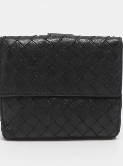 Bottega Veneta Black Intrecciato Leather French Wallet