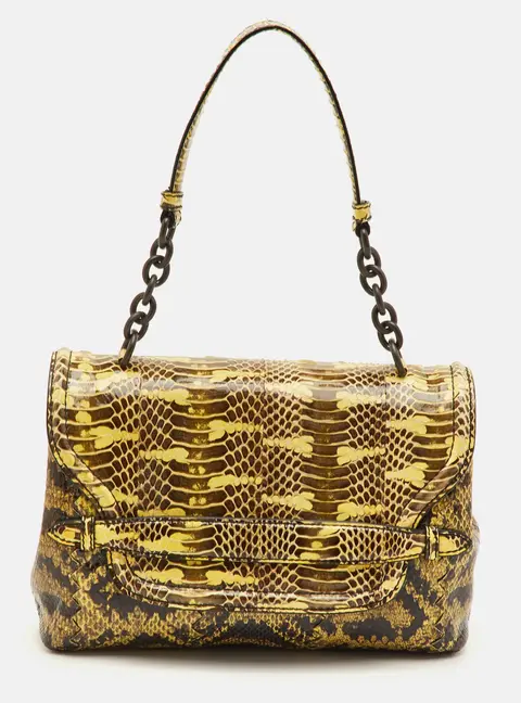 Bottega Veneta Brown/Yellow Karung Leather and Watersnake Shoulder Bag