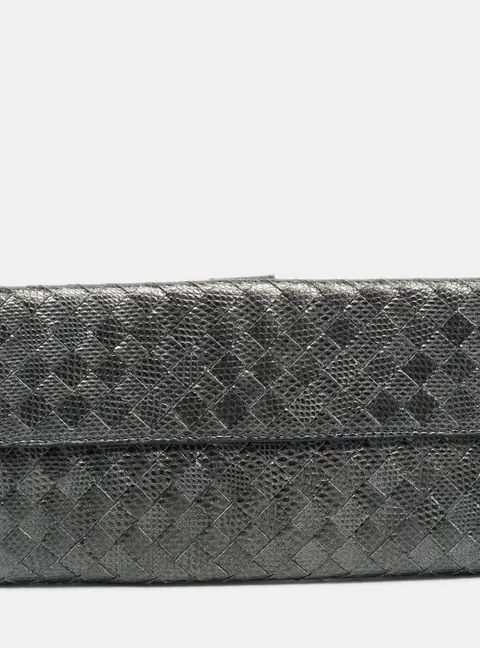 Bottega Veneta Grey Lizard Embossed Intrecciato Leather French Flap Wallet