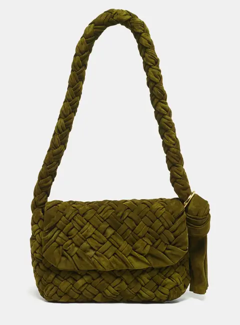 Bottega Veneta Kalimero Citt&agrave; Medium Olive Green Intreccio Suede Shoulder Bag