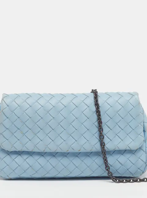 Bottega Veneta Light Blue Intrecciato Leather Chain Crossbody Bag